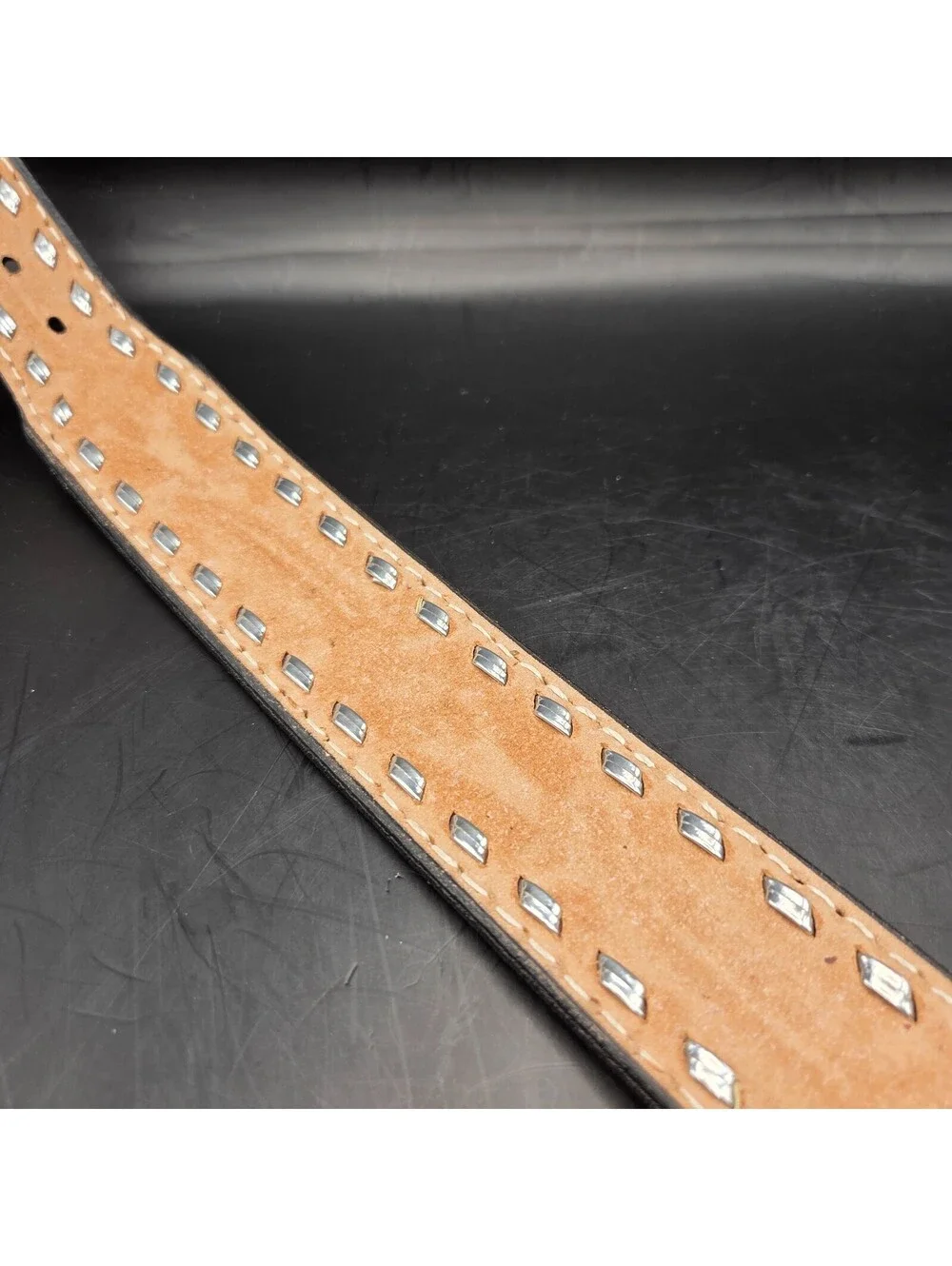 TANDY Western Leather Belt Mens 36 Brown Hand Tooled Floral Silver Studded 1.5in